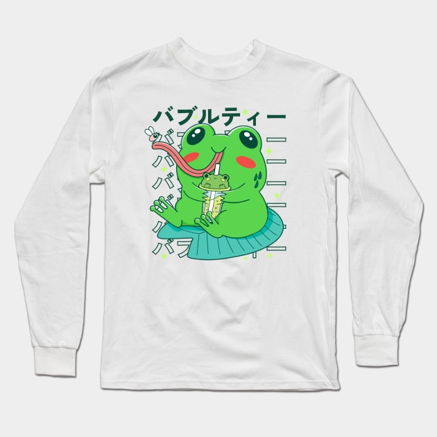 Kawaii Frog Anime Bubble Tea Long Sleeve T-Shirt by Bruno Pires
